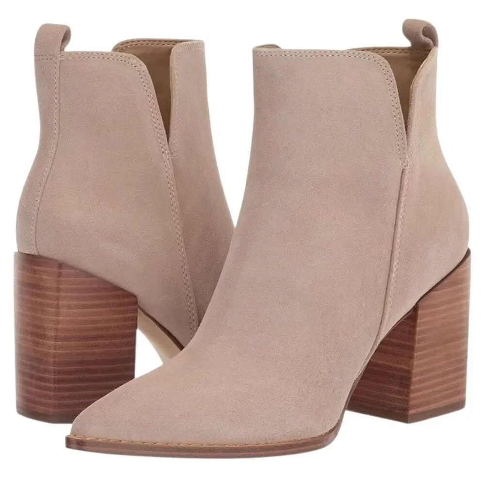 Nine West Women's Birds Taupe Suede Ankle Boots Block Heel Pointed Toe Size 9.5M